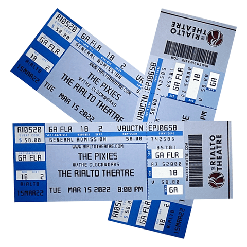 A refrigerator magnet resembling a concert ticket with a blue background, featuring the Rialto logo and details for a Pixies concert.