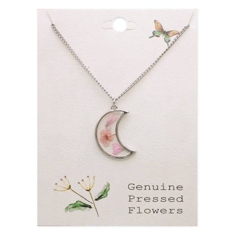 Pink Dried Flower Silver Moon Necklace