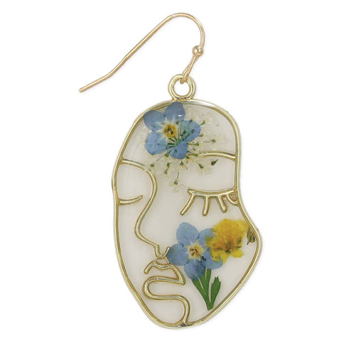 Blue Dried Flower Gold Face Earrings