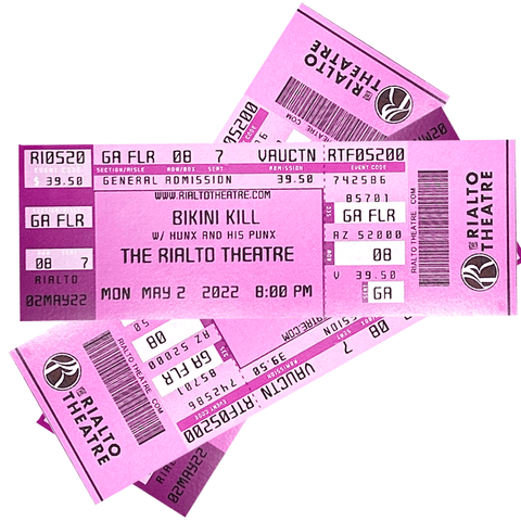 A refrigerator magnet resembling a concert ticket with a pink background, featuring the Rialto logo and details for a Bikini Kill concert.