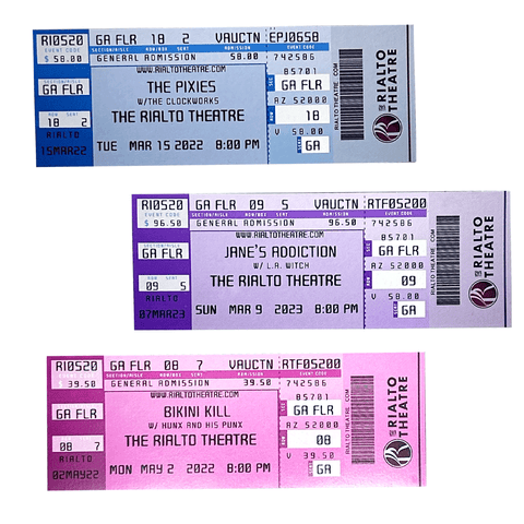 Three refrigerator magnets resembling concert tickets, each with a different background color (blue for Pixies, purple for Jane's Addiction, and pink for Bikini Kill), all featuring the Rialto logo and classic concert ticket aesthetics.