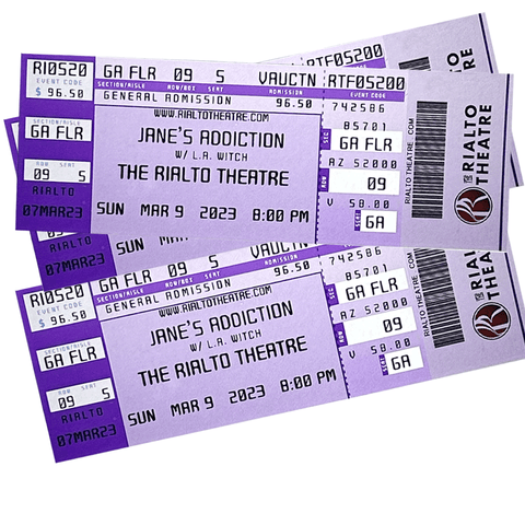 A refrigerator magnet resembling a concert ticket with a purple background, featuring the Rialto logo and details for a Jane's Addiction concert.