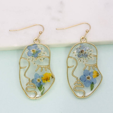 Blue Dried Flower Gold Face Earrings