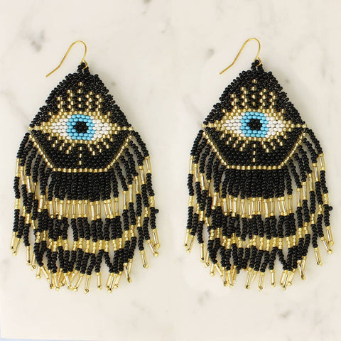 Mystical Eye Seed Bead Fringe Earrings