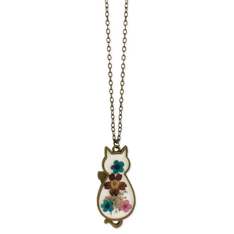 Vintage Floral Feline Dried Flower Cat Necklace