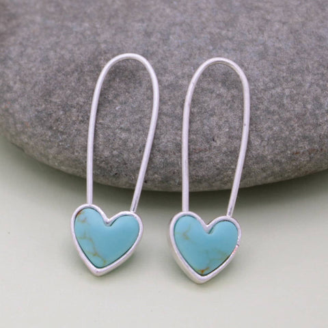 Turquoise Heart Silver Safety Pin Earring