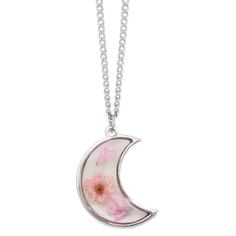 Pink Dried Flower Silver Moon Necklace