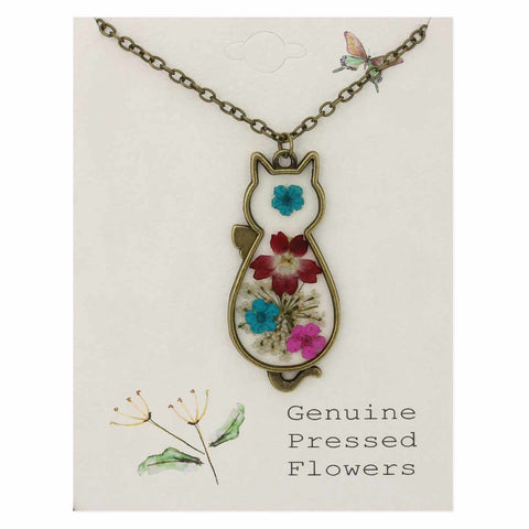 Vintage Floral Feline Dried Flower Cat Necklace